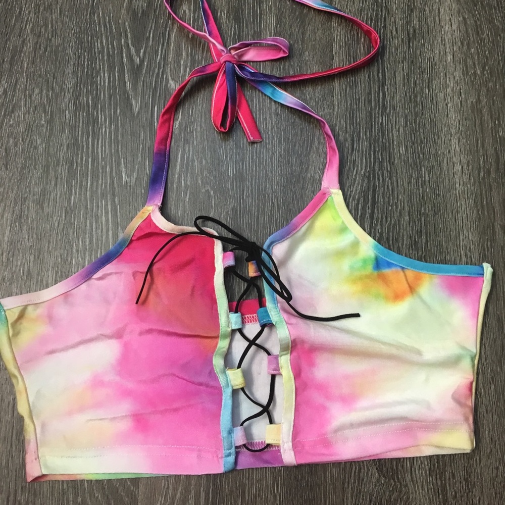 Tie Dye Rainbow Lace up Front Halter Top